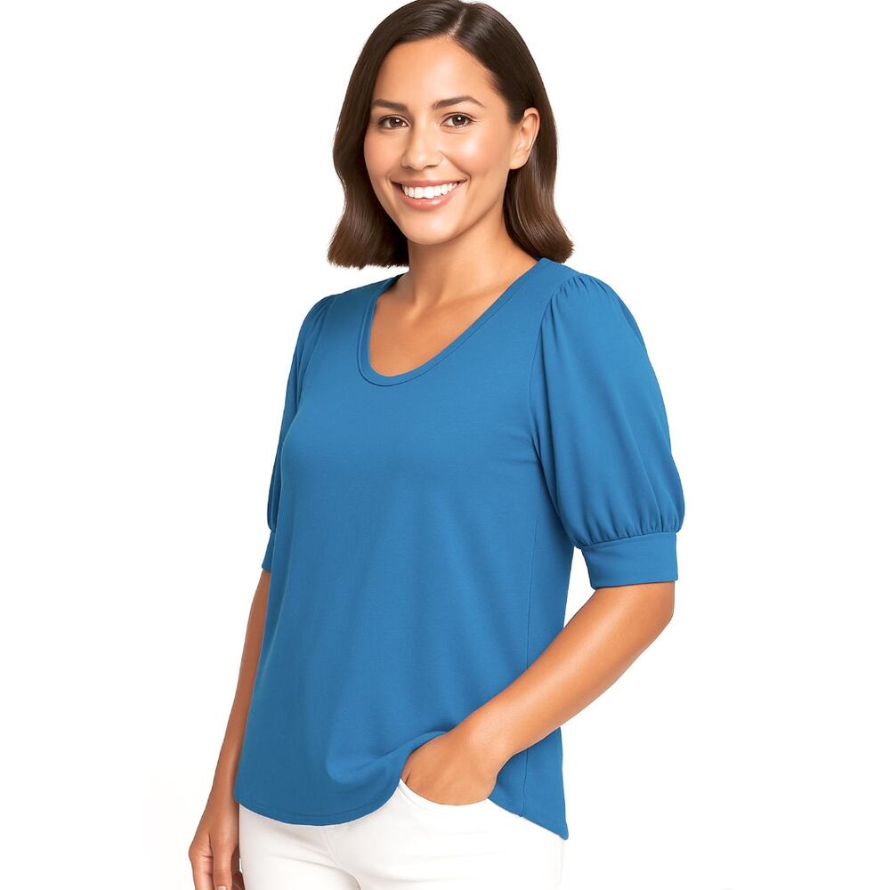 Karen Kane Women's Light Blue Puff Sleeve Scoop Neck Blouse Size Large 🦋💙
